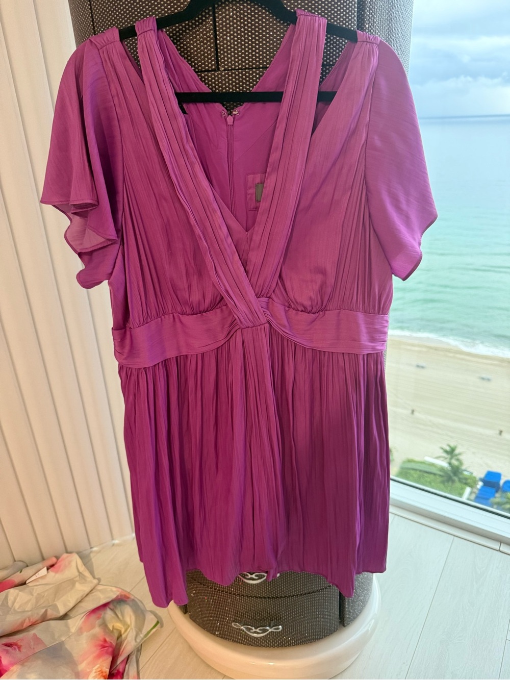 Anthropologie Magenta Pleated V-Neck Mini Dress